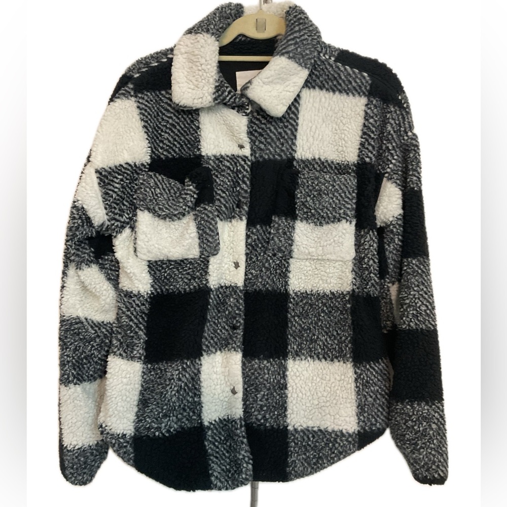 Thread & Supply Cream Black Check Fuzzy Snap up Jacket.